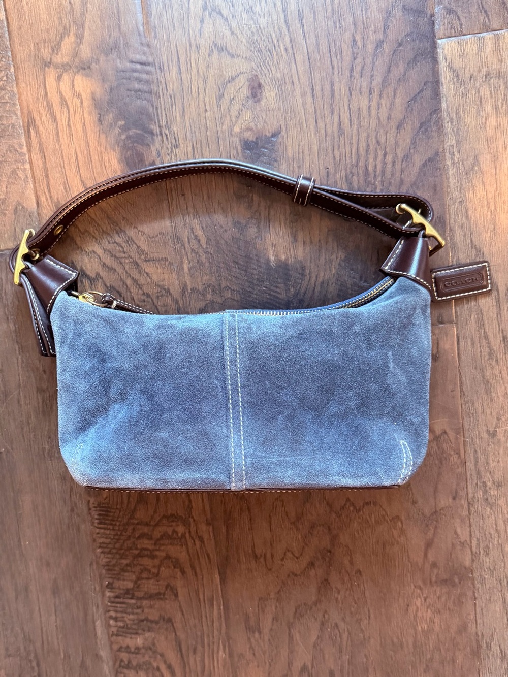 Coach Blue Suede Shoulder Bag with Brown Leather Strap